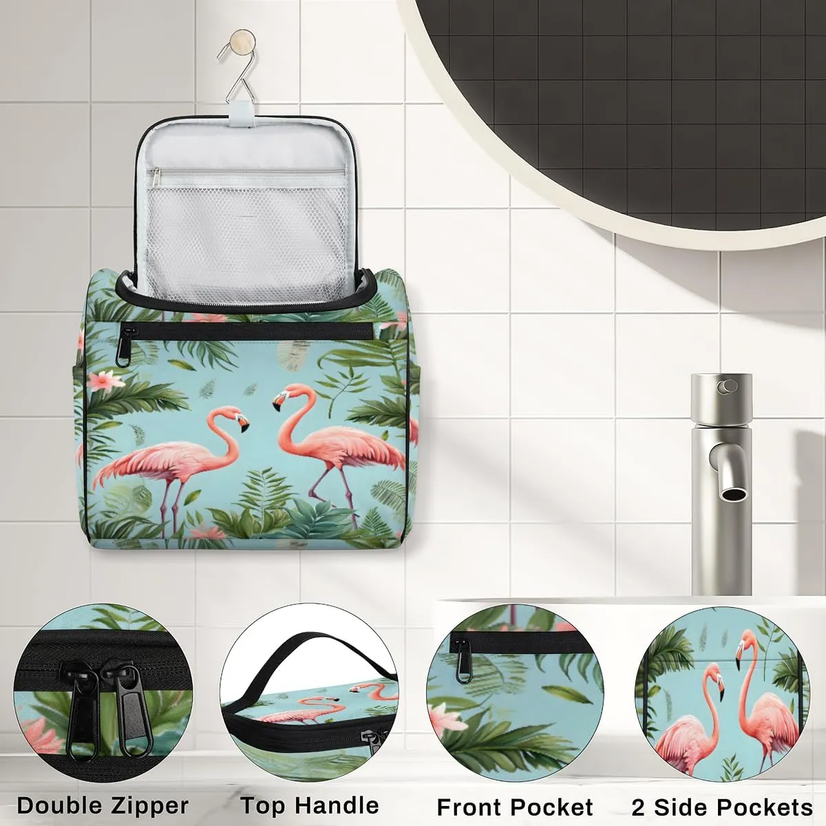 Flamingo Tropical Palm Leaf Make Up Bags for Women Travel Toiletry Bag Portable Makeup Organizer Bag with Metal Hook and Dividers Inside