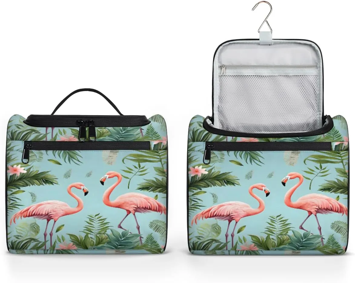 Flamingo Tropical Palm Leaf Make Up Bags for Women Travel Toiletry Bag Portable Makeup Organizer Bag with Metal Hook and Dividers Inside