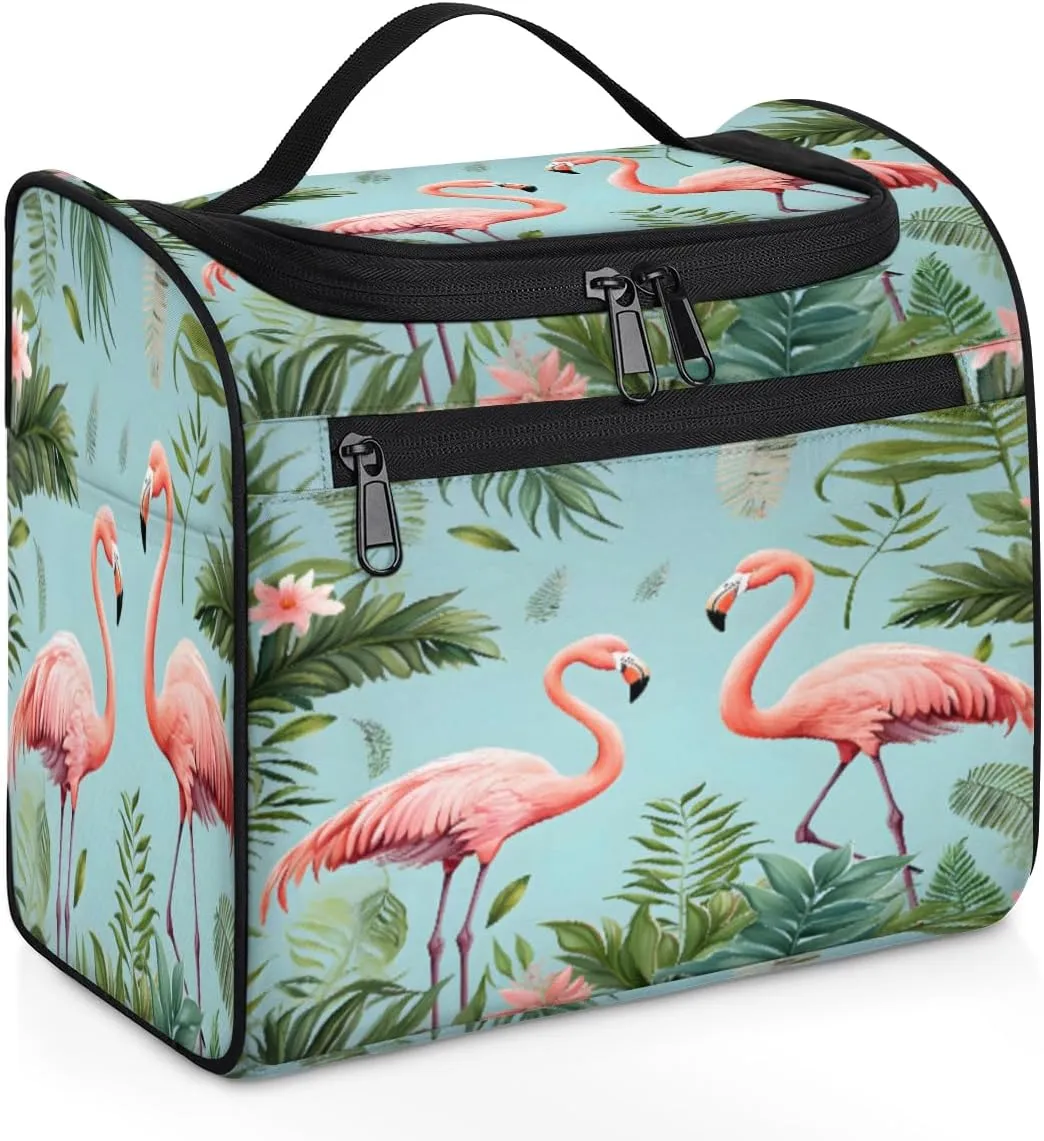 Flamingo Tropical Palm Leaf Make Up Bags for Women Travel Toiletry Bag Portable Makeup Organizer Bag with Metal Hook and Dividers Inside