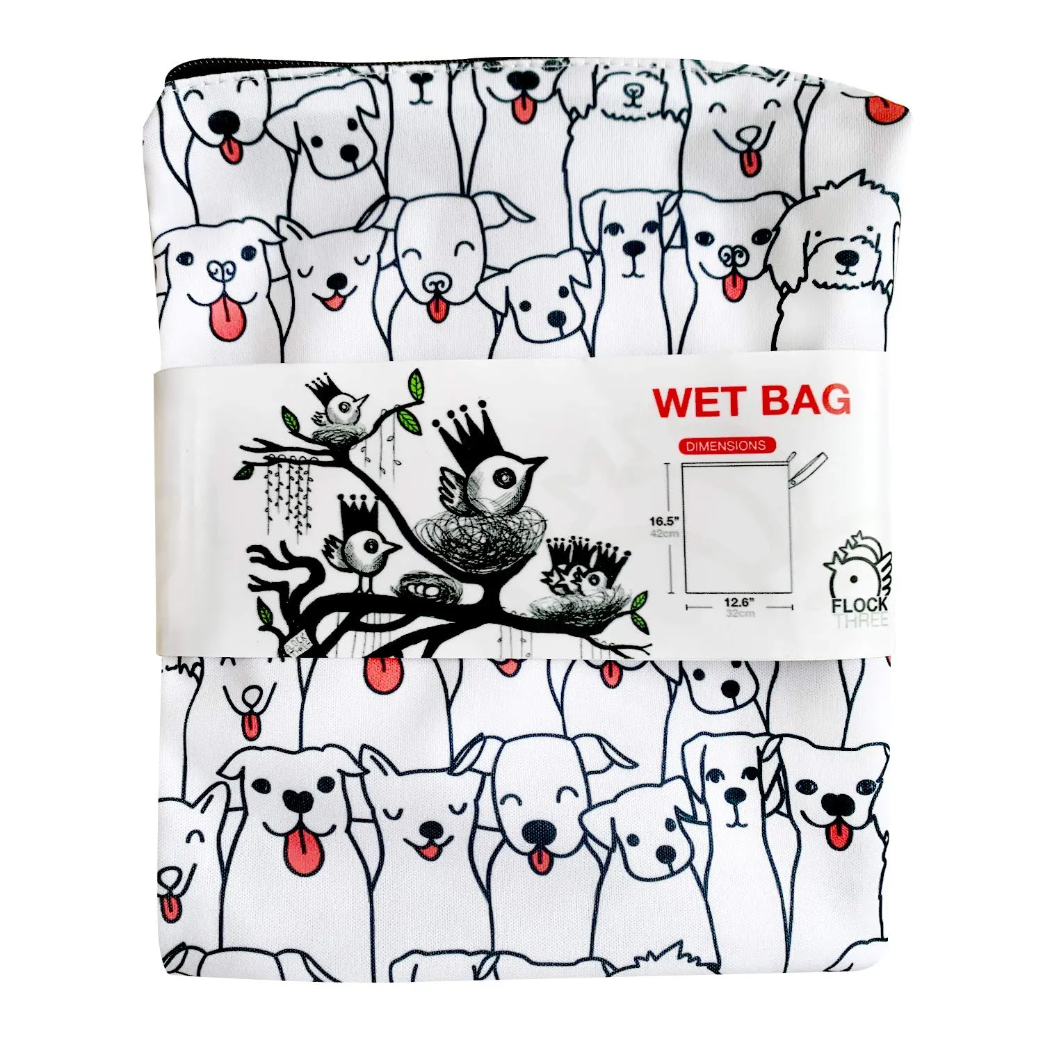 FLOCK THREE Washable and Reusable Wet Bag Diaper Bag Water Resistant Swimming Bag Travel Toiletries Pouch Pugs Dogs Zippered 12.6'' x 16.5''