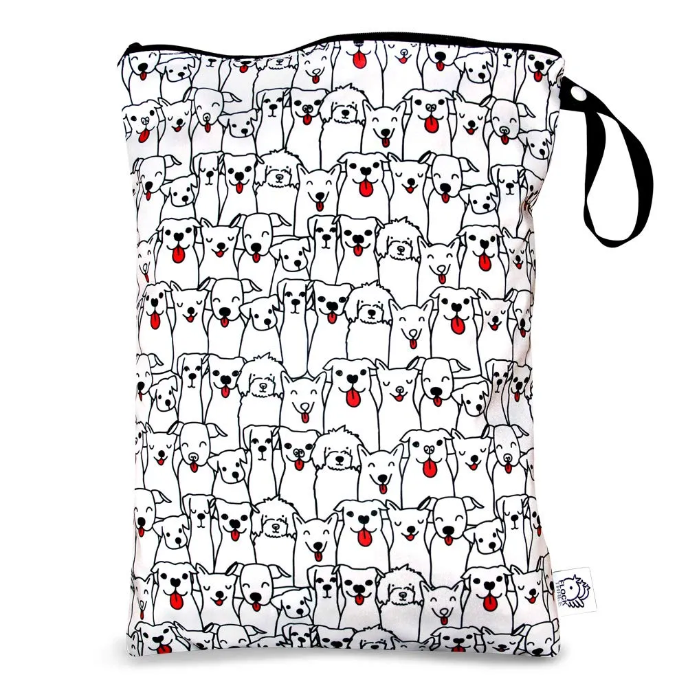 FLOCK THREE Washable and Reusable Wet Bag Diaper Bag Water Resistant Swimming Bag Travel Toiletries Pouch Pugs Dogs Zippered 12.6'' x 16.5''