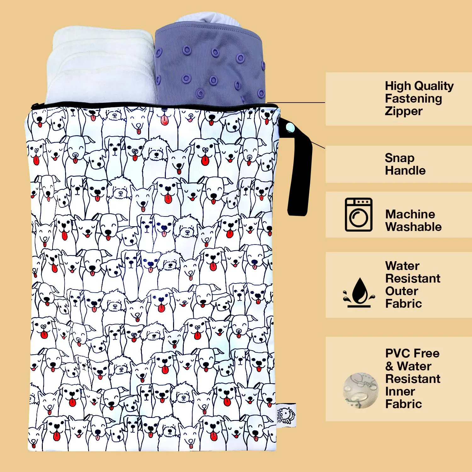 FLOCK THREE Washable and Reusable Wet Bag Diaper Bag Water Resistant Swimming Bag Travel Toiletries Pouch Pugs Dogs Zippered 12.6'' x 16.5''