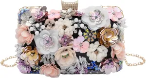 Floral Evening Bag for Women Beaded Clutch Purse with Sequins & Rhinestone Wedding Party Handbag with Chains