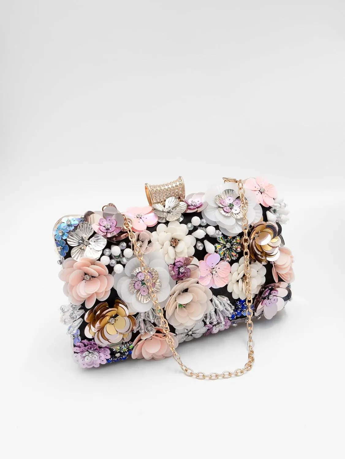 Floral Evening Bag for Women Beaded Clutch Purse with Sequins & Rhinestone Wedding Party Handbag with Chains