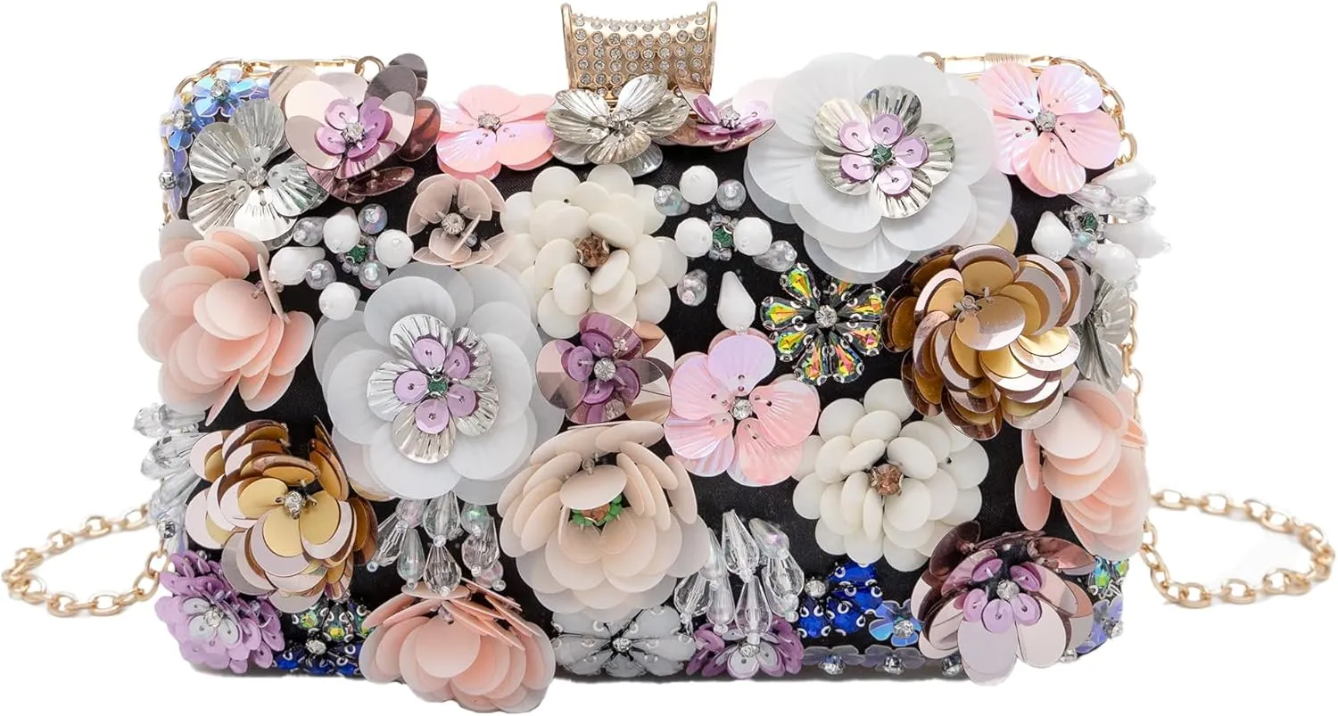 Floral Evening Bag for Women Beaded Clutch Purse with Sequins & Rhinestone Wedding Party Handbag with Chains