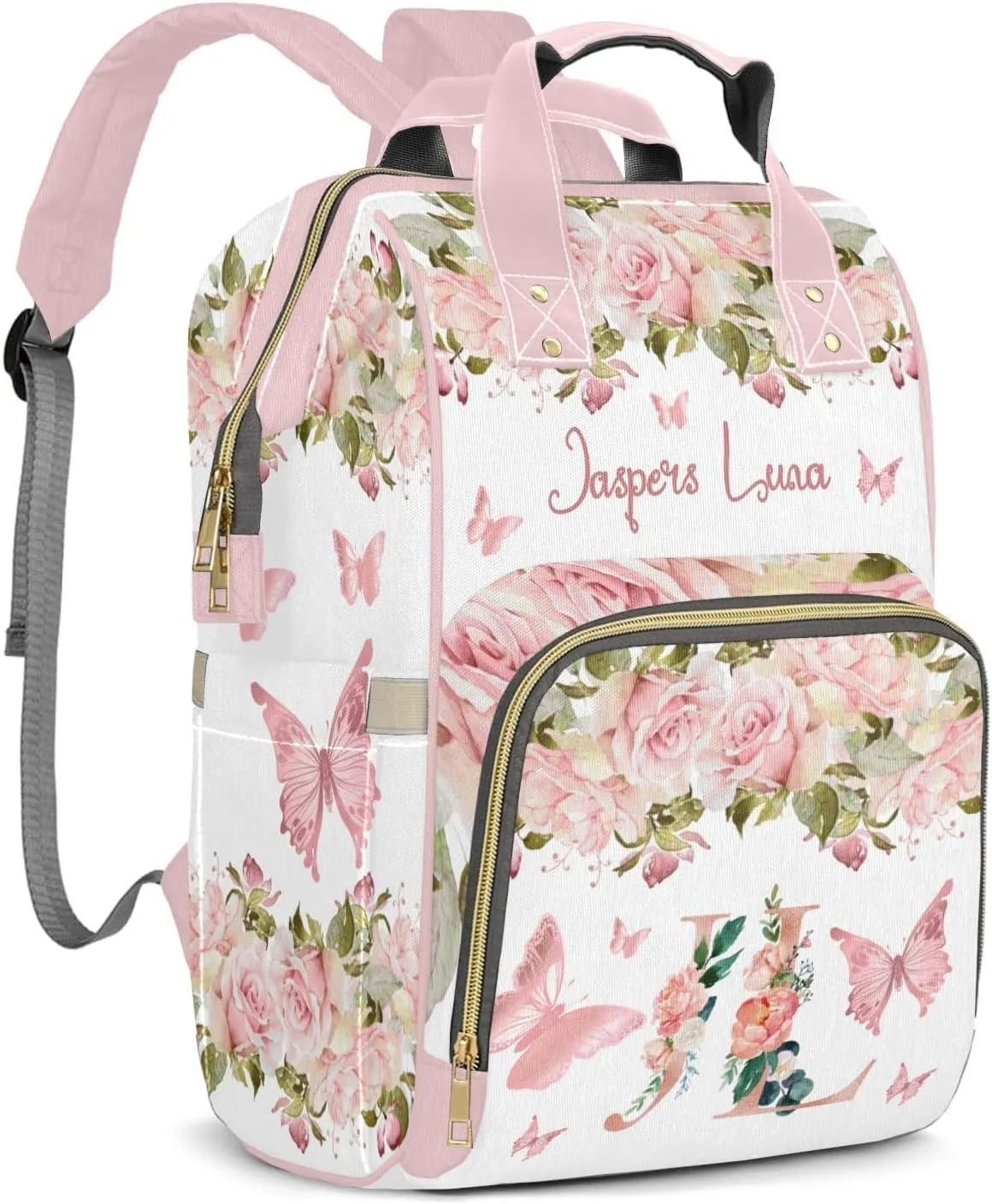 Floral Rose Glod Butterfly Monogram Personalized Large Capacity Diaper Bags,Custom Name Backpack Casual Daypack Bag Nappy Bag Gifts, Design 16, SFA055SS