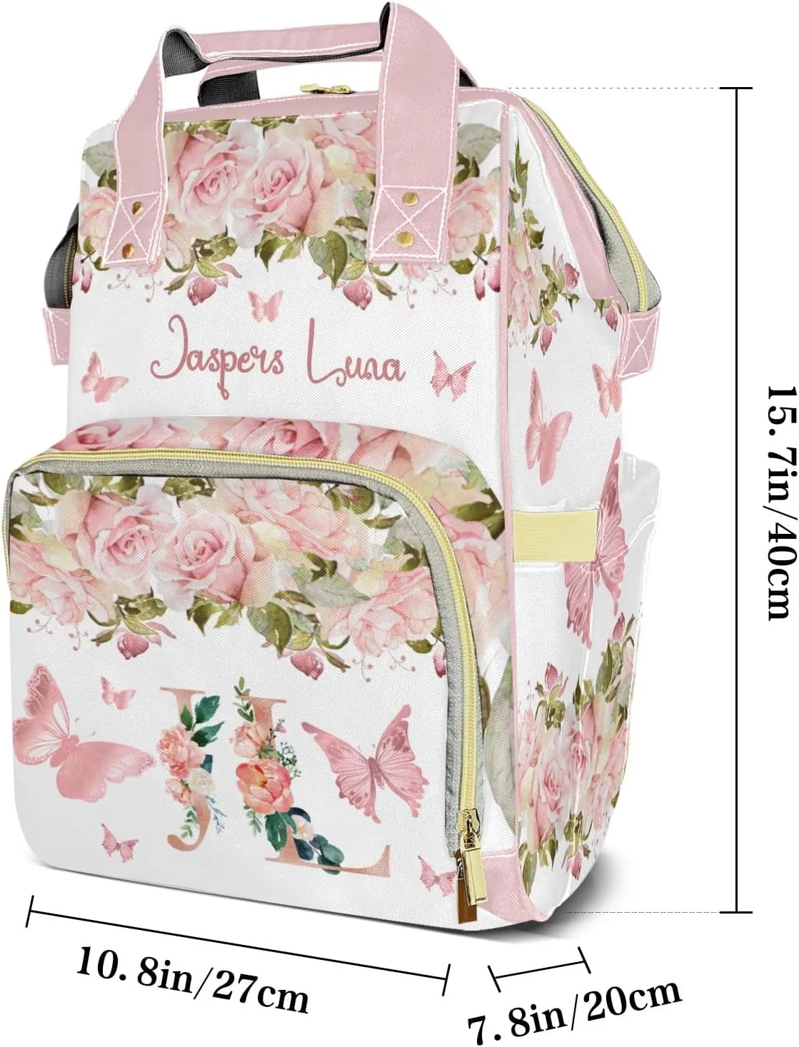 Floral Rose Glod Butterfly Monogram Personalized Large Capacity Diaper Bags,Custom Name Backpack Casual Daypack Bag Nappy Bag Gifts, Design 16, SFA055SS
