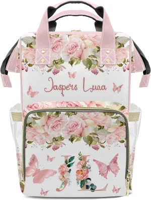 Floral Rose Glod Butterfly Monogram Personalized Large Capacity Diaper Bags,Custom Name Backpack Casual Daypack Bag Nappy Bag Gifts, Design 16, SFA055SS