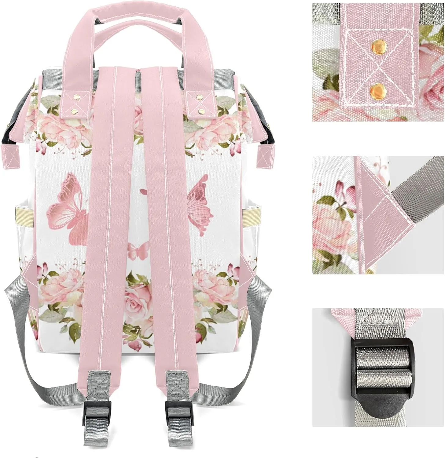 Floral Rose Glod Butterfly Monogram Personalized Large Capacity Diaper Bags,Custom Name Backpack Casual Daypack Bag Nappy Bag Gifts, Design 16, SFA055SS