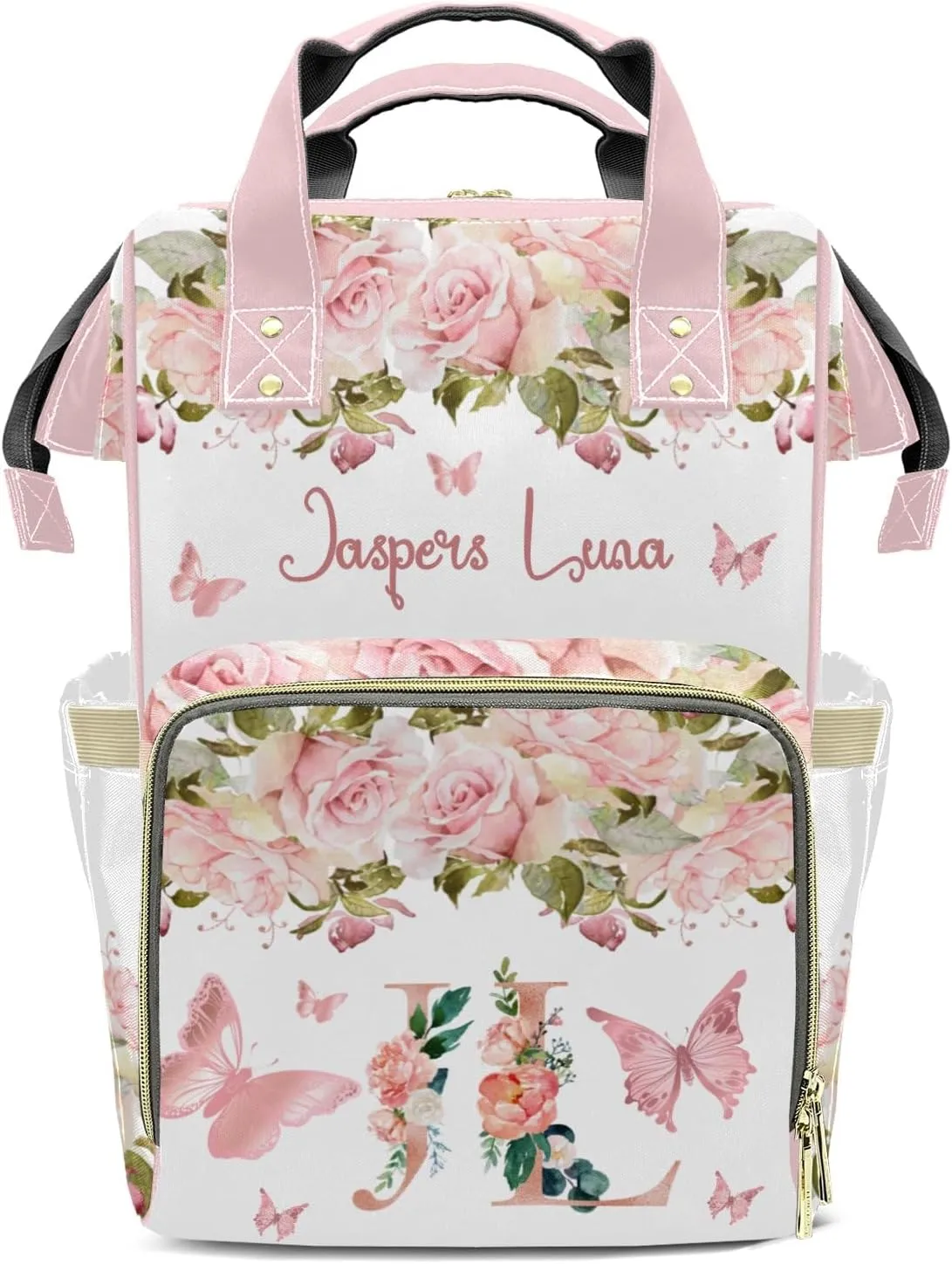 Floral Rose Glod Butterfly Monogram Personalized Large Capacity Diaper Bags,Custom Name Backpack Casual Daypack Bag Nappy Bag Gifts, Design 16, SFA055SS