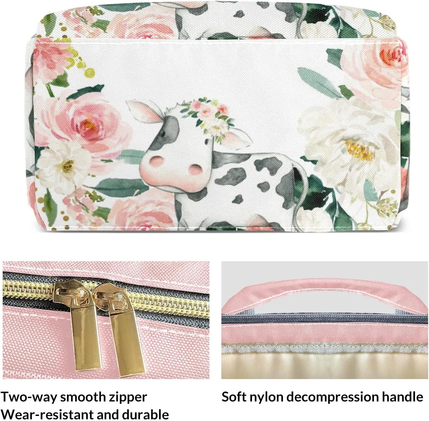 Flower Farm Animal Cow Monograms Personalized Large Capacity Diaper Bags,Custom Name Backpack Casual Daypack Bag Nappy Bag Gifts