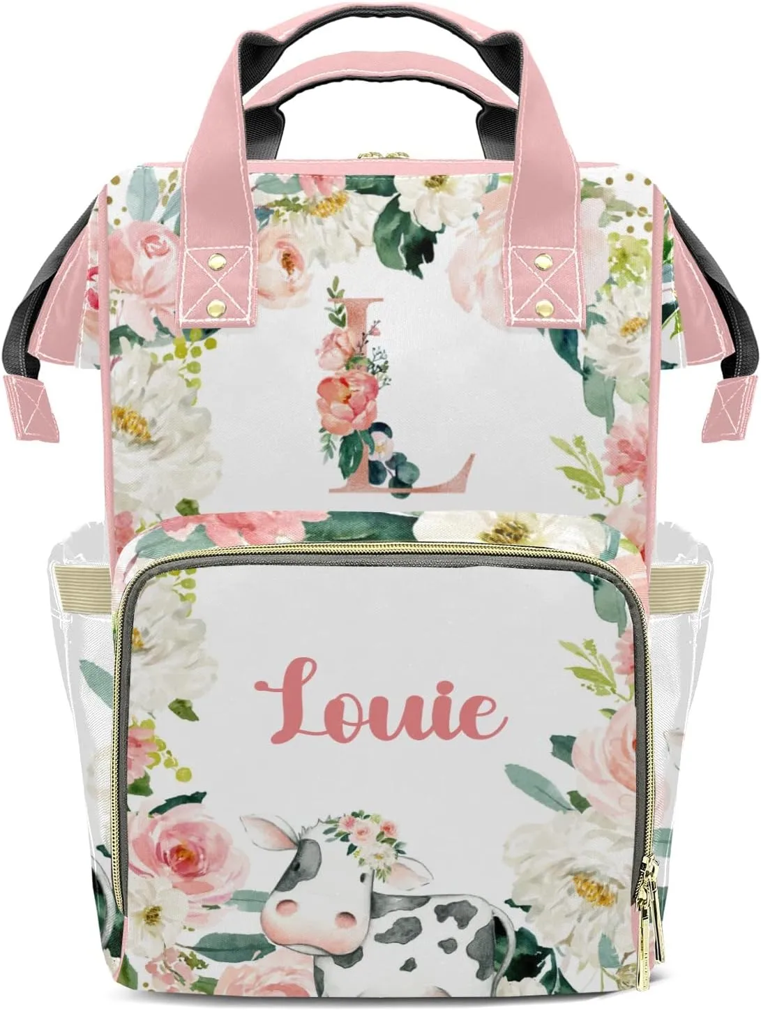 Flower Farm Animal Cow Monograms Personalized Large Capacity Diaper Bags,Custom Name Backpack Casual Daypack Bag Nappy Bag Gifts