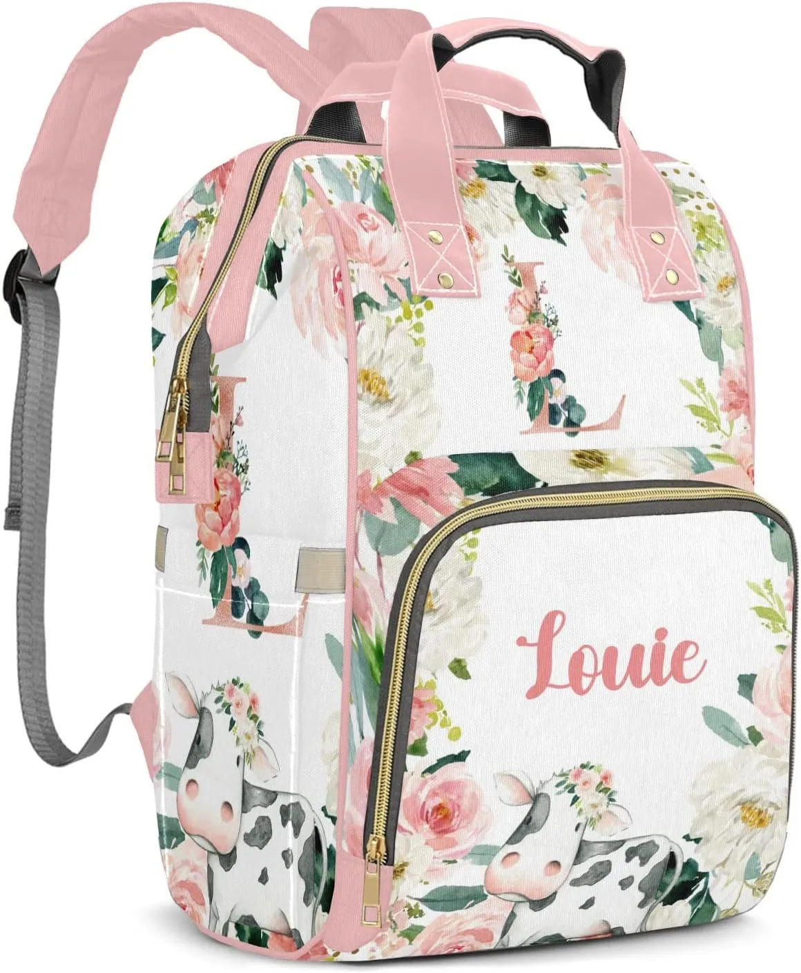 Flower Farm Animal Cow Monograms Personalized Large Capacity Diaper Bags,Custom Name Backpack Casual Daypack Bag Nappy Bag Gifts