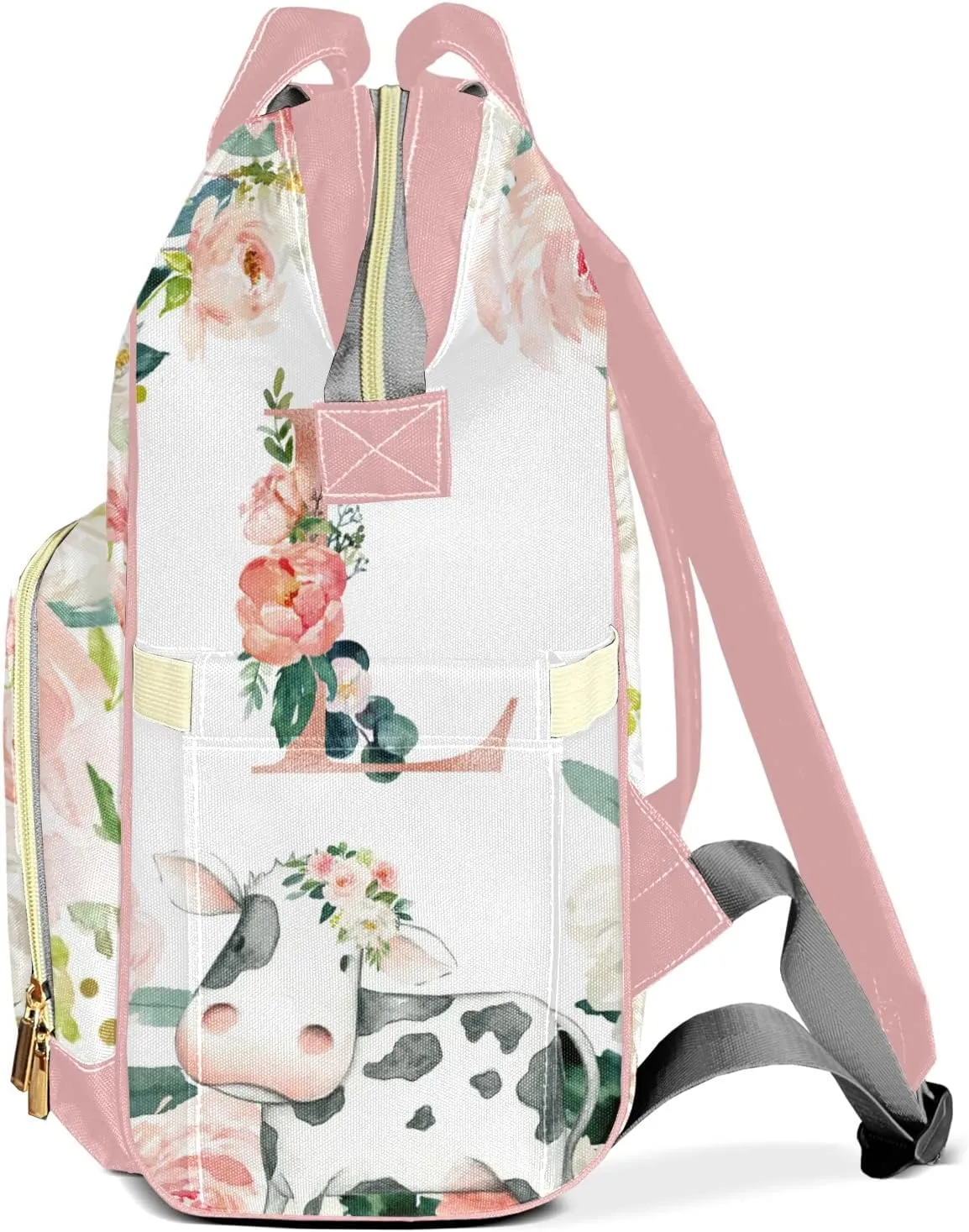 Flower Farm Animal Cow Monograms Personalized Large Capacity Diaper Bags,Custom Name Backpack Casual Daypack Bag Nappy Bag Gifts