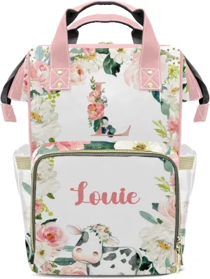 Flower Farm Animal Cow Monograms Personalized Large Capacity Diaper Bags,Custom Name Backpack Casual Daypack Bag Nappy Bag Gifts