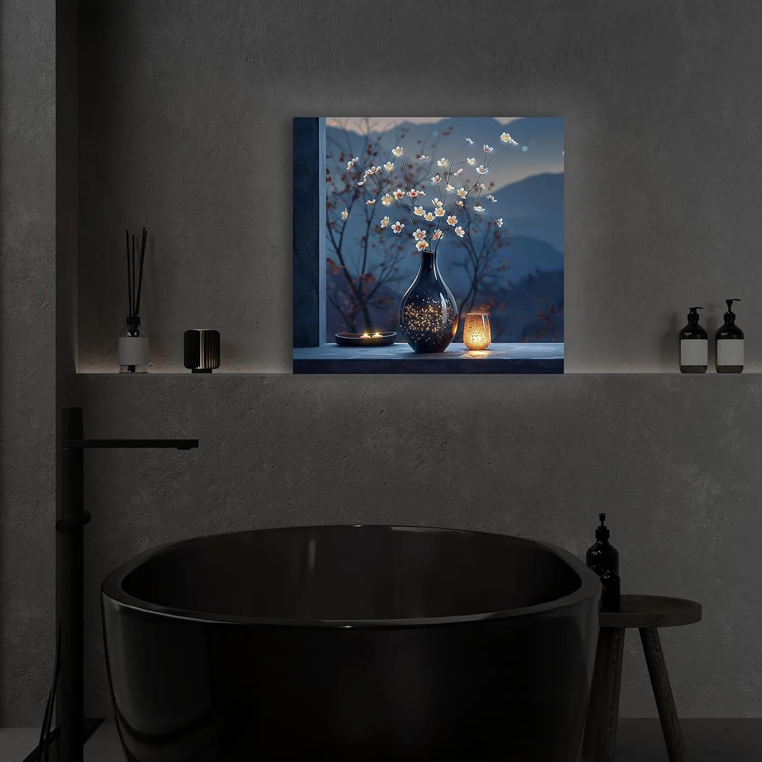 Flower LED Canvas Wall Art with Candle Lights flameless Candles and Timer, Battery Operated Zen Den Decor for Bedroom or Home Gift (Shiny Flower)