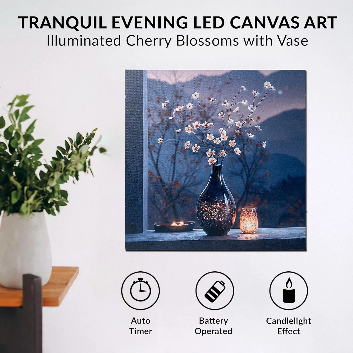 Flower LED Canvas Wall Art with Candle Lights flameless Candles and Timer, Battery Operated Zen Den Decor for Bedroom or Home Gift (Shiny Flower)