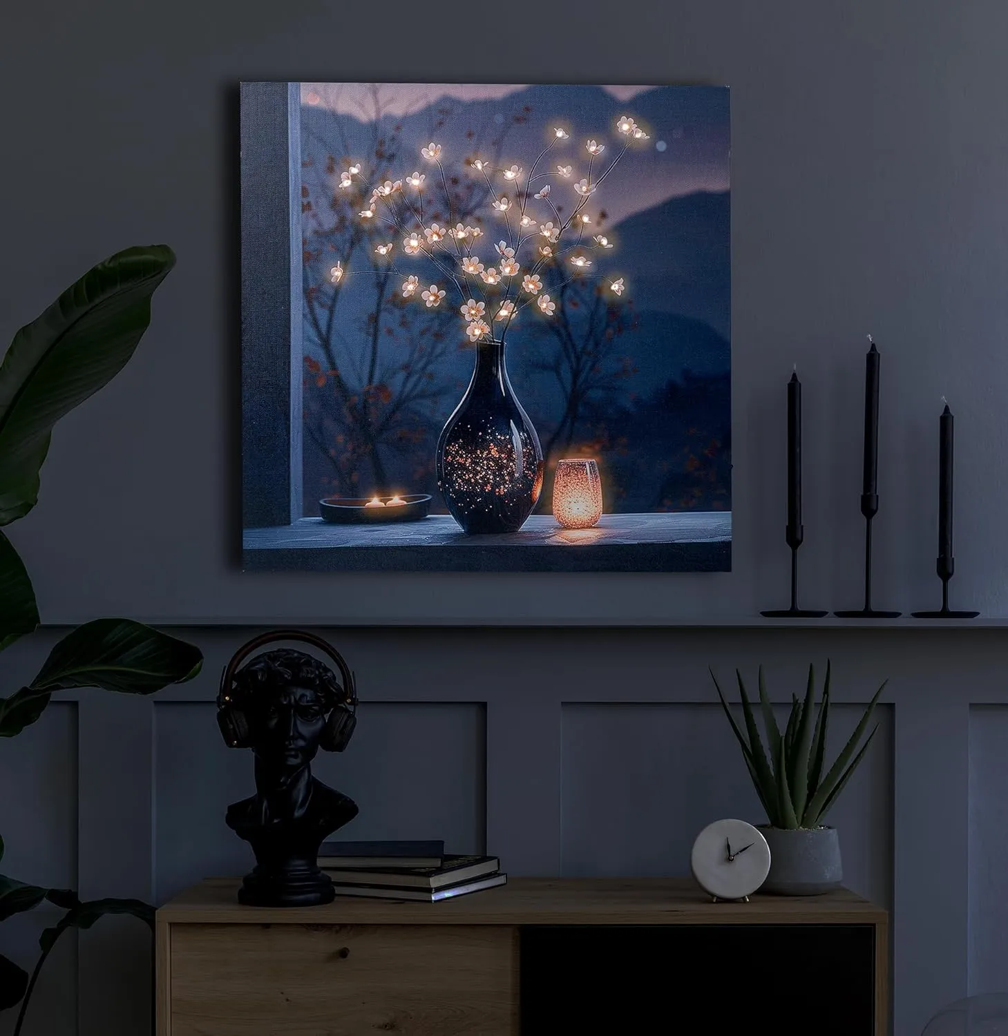 Flower LED Canvas Wall Art with Candle Lights flameless Candles and Timer, Battery Operated Zen Den Decor for Bedroom or Home Gift (Shiny Flower)