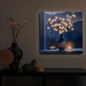 Flower LED Canvas Wall Art with Candle Lights flameless Candles and Timer, Battery Operated Zen Den Decor for Bedroom or Home Gift (Shiny Flower)