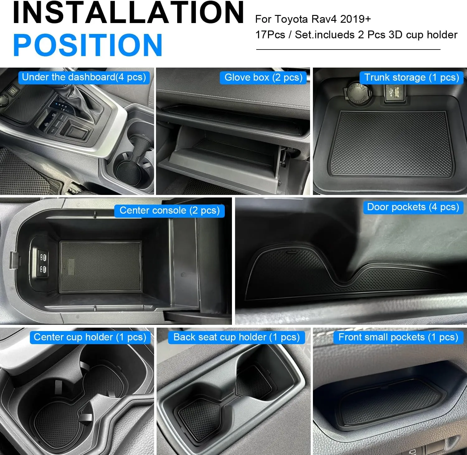 for Toyota RAV4 Accessories 2025 2024 2023 2022 2021 2020 2019 and 2021-2025 RAV4 Prime Custom Fit Cup Holder Center Console and Door Pockets Mat Pad (17Pcs Set, Black Trim)