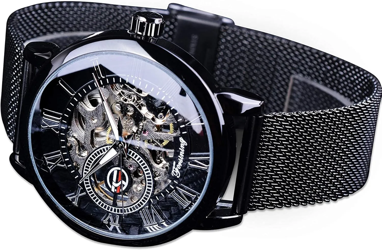 FORSINING Men's Skeleton Watch Steampunk Watch Black Mechanical Watch for Men Minimalist Retro Design Mechanical Skeleton Wrist Watch Transparent