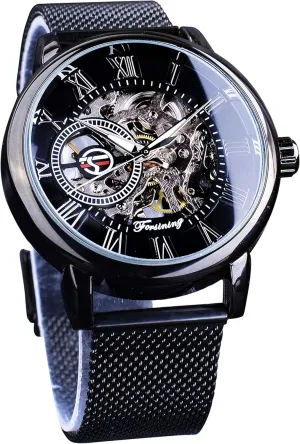 FORSINING Men's Skeleton Watch Steampunk Watch Black Mechanical Watch for Men Minimalist Retro Design Mechanical Skeleton Wrist Watch Transparent