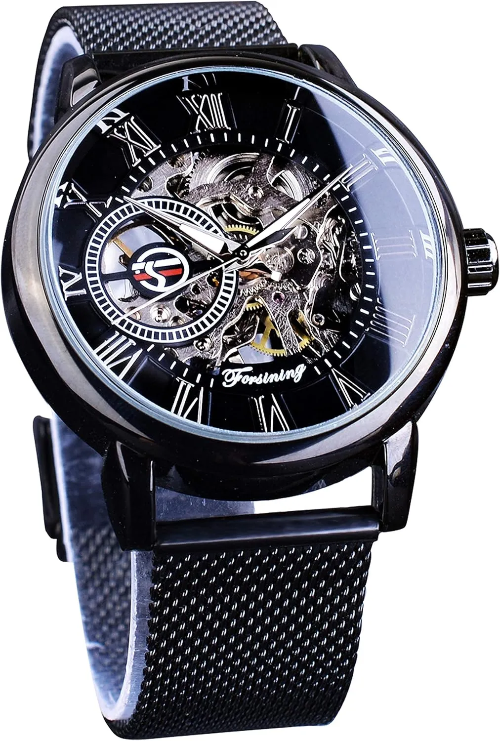 FORSINING Men's Skeleton Watch Steampunk Watch Black Mechanical Watch for Men Minimalist Retro Design Mechanical Skeleton Wrist Watch Transparent