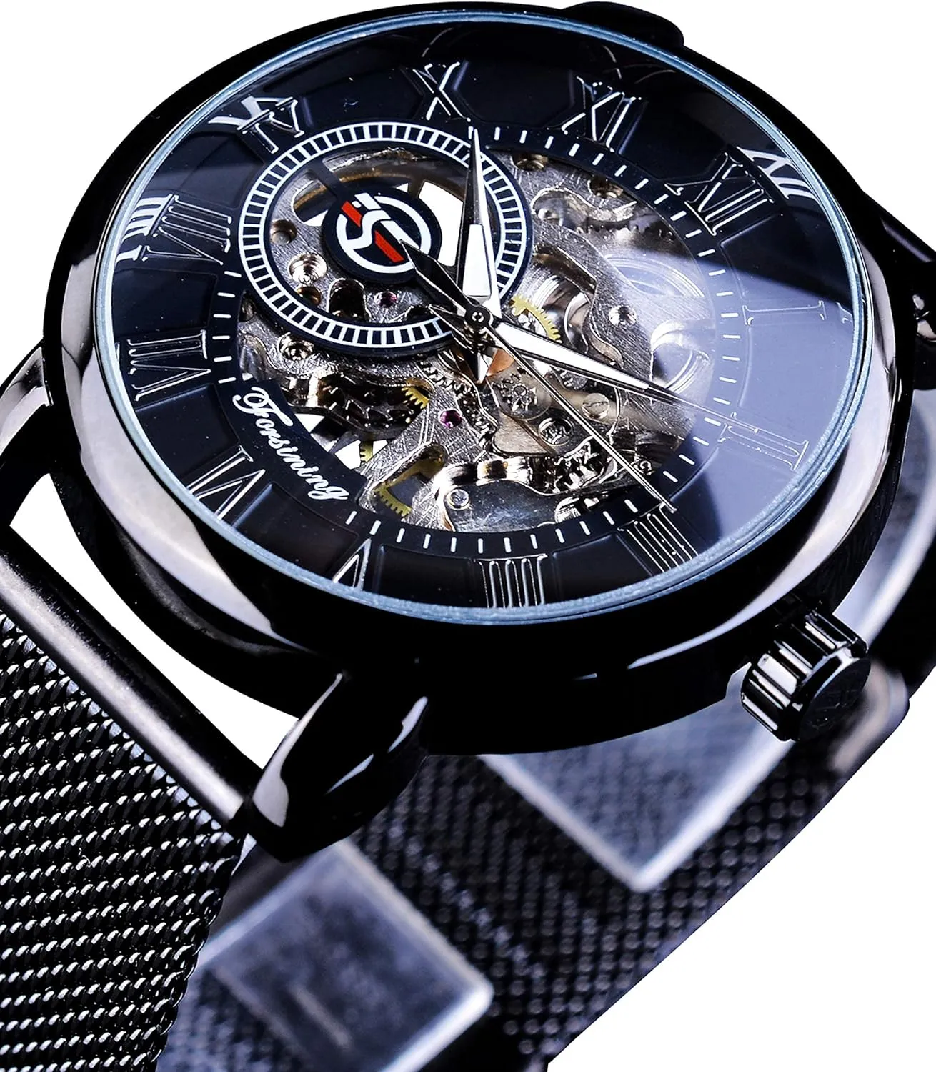FORSINING Men's Skeleton Watch Steampunk Watch Black Mechanical Watch for Men Minimalist Retro Design Mechanical Skeleton Wrist Watch Transparent