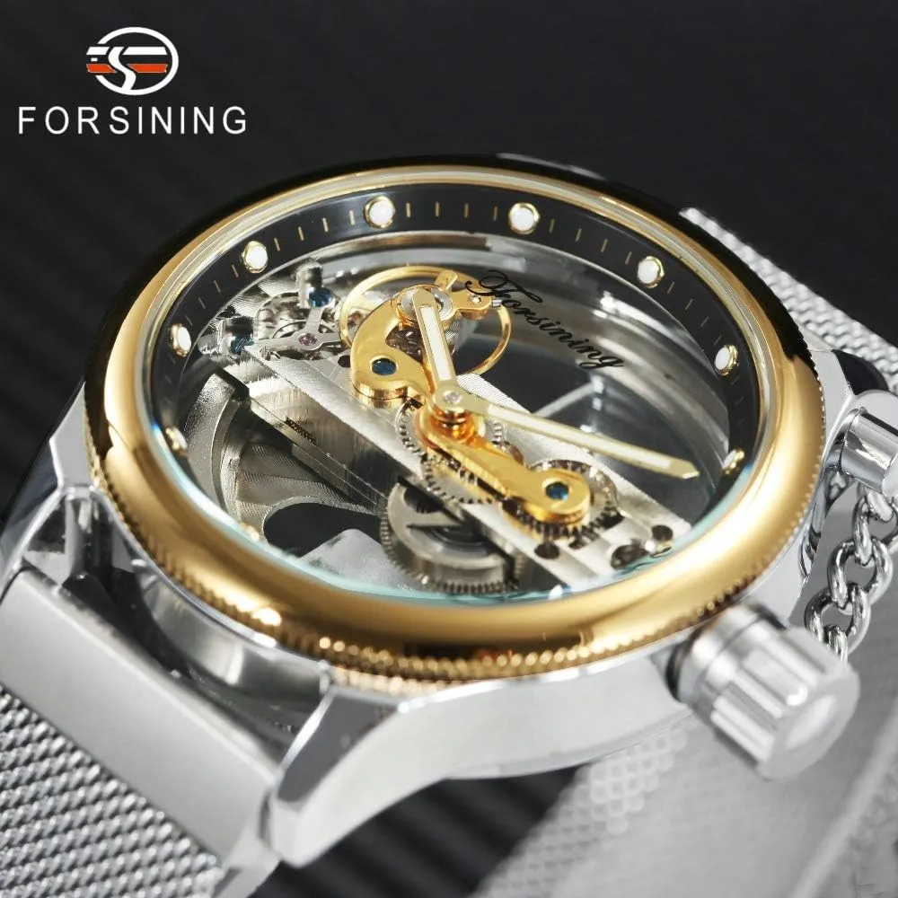 FORSINING Transparent Case Steel Mesh Band Skeleton Mens Watches Brand Luxury Automatic Fashion Mechanical Wristwatch