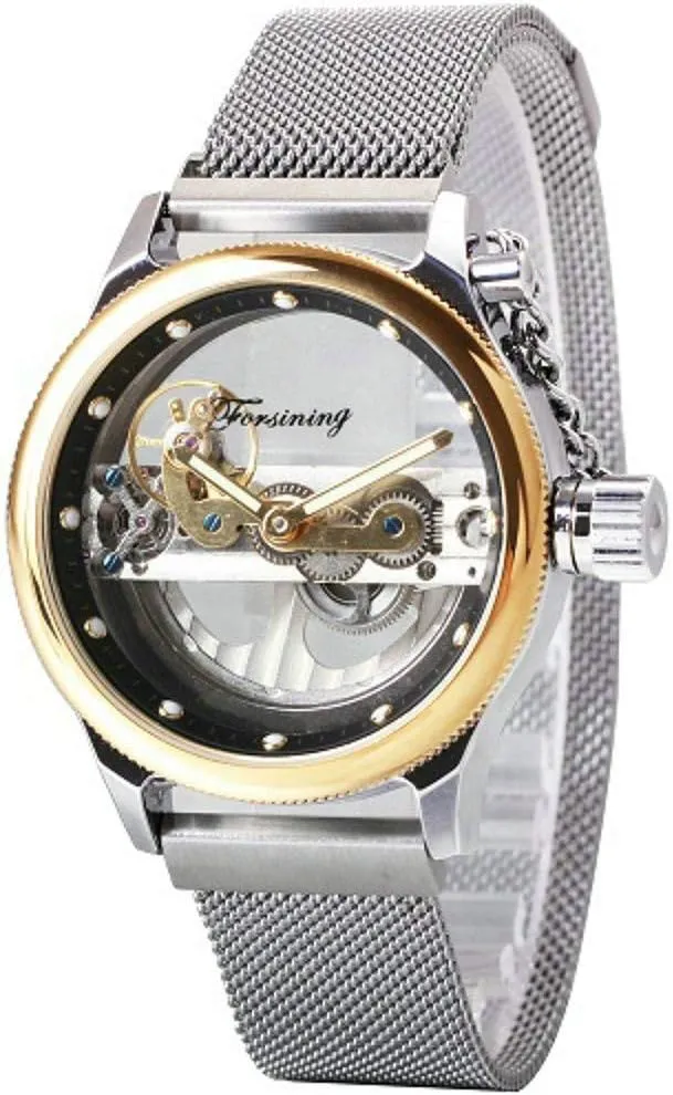 FORSINING Transparent Case Steel Mesh Band Skeleton Mens Watches Brand Luxury Automatic Fashion Mechanical Wristwatch