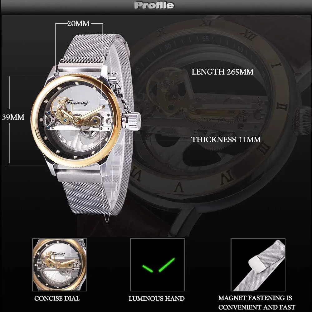 FORSINING Transparent Case Steel Mesh Band Skeleton Mens Watches Brand Luxury Automatic Fashion Mechanical Wristwatch