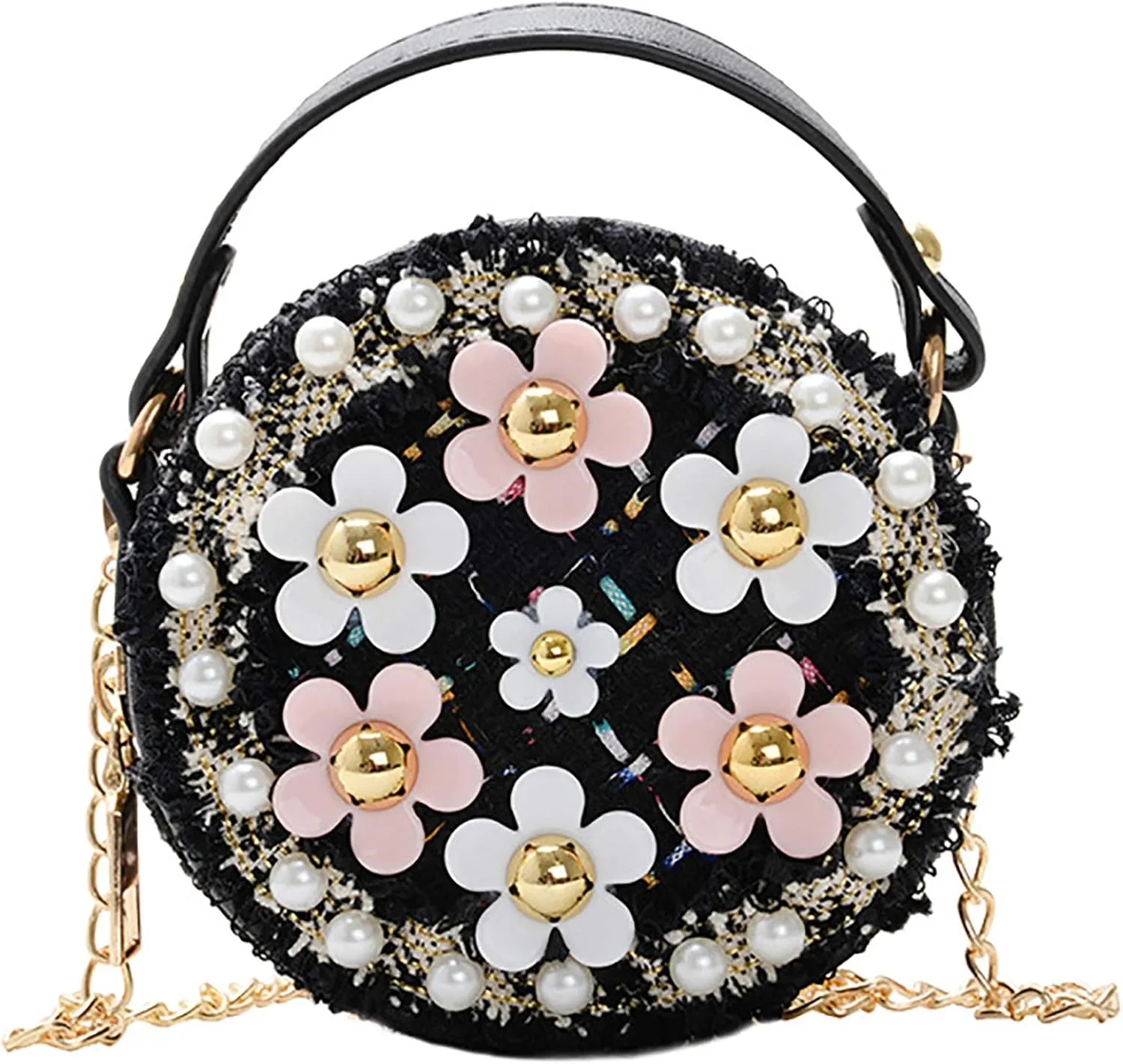 Forwe Little Girls Toddler Crossbody Purse with Pearl Flowers Mini Cute Princess Handbags Shoulder Chain Bag
