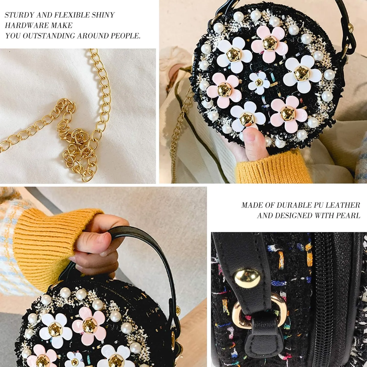 Forwe Little Girls Toddler Crossbody Purse with Pearl Flowers Mini Cute Princess Handbags Shoulder Chain Bag