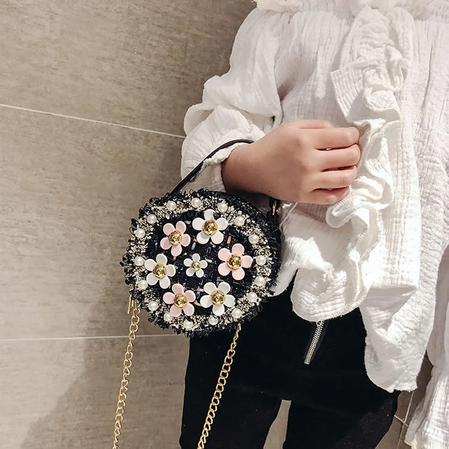 Forwe Little Girls Toddler Crossbody Purse with Pearl Flowers Mini Cute Princess Handbags Shoulder Chain Bag