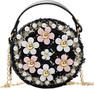 Forwe Little Girls Toddler Crossbody Purse with Pearl Flowers Mini Cute Princess Handbags Shoulder Chain Bag