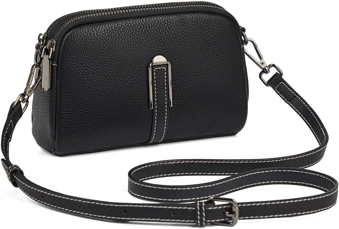 FOXLOVER Small genuine leather Crossbody Bags for Women Multi-Compartments Zipper Closure Purses Litchi Grain