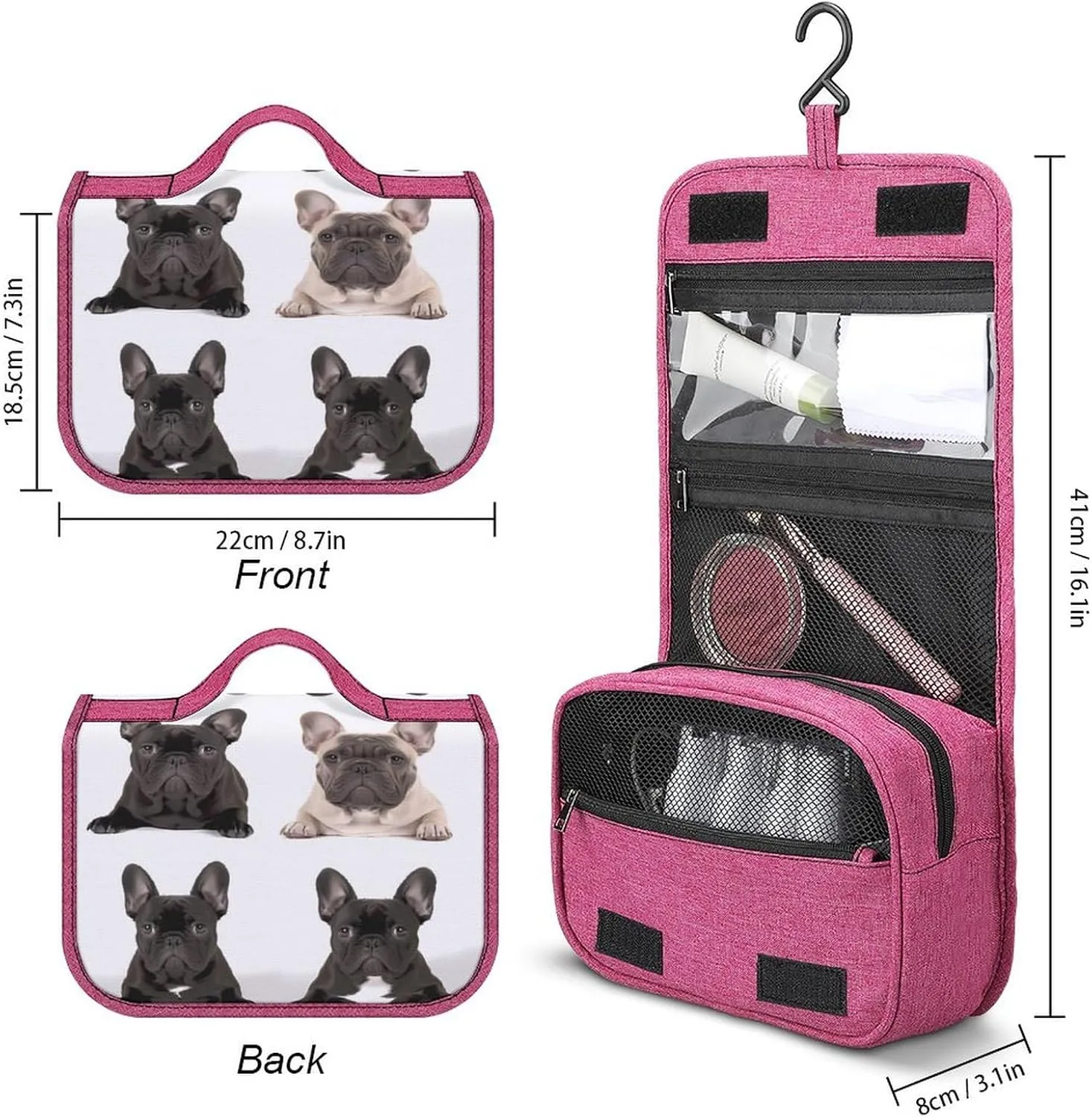 French Bulldog Travel Toiletry Bag for Women,Hanging Toiletry Organizer with Hook, Makeup Bag Travel Organizer for Shampoo,Toiletriesl