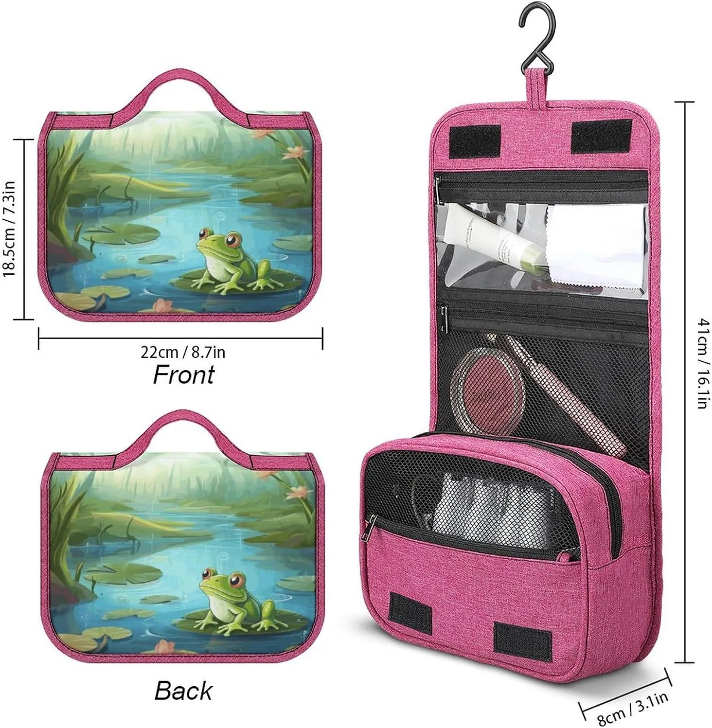Frog in A Pond Travel Toiletry Bag for Women,Hanging Toiletry Organizer with Hook, Makeup Bag Travel Organizer for Shampoo,Toiletriesl