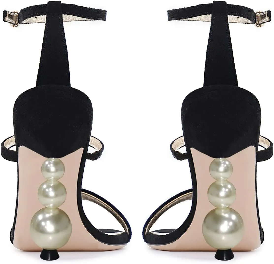 FSJ Women Elegant Open Toe Heeled Sandals Pearls Beaded High Heels Sexy Strappy Gladiator Shiny Rhinestone Ankle Strap Wedding Evening Party Dress Shoes Size 4-15 US