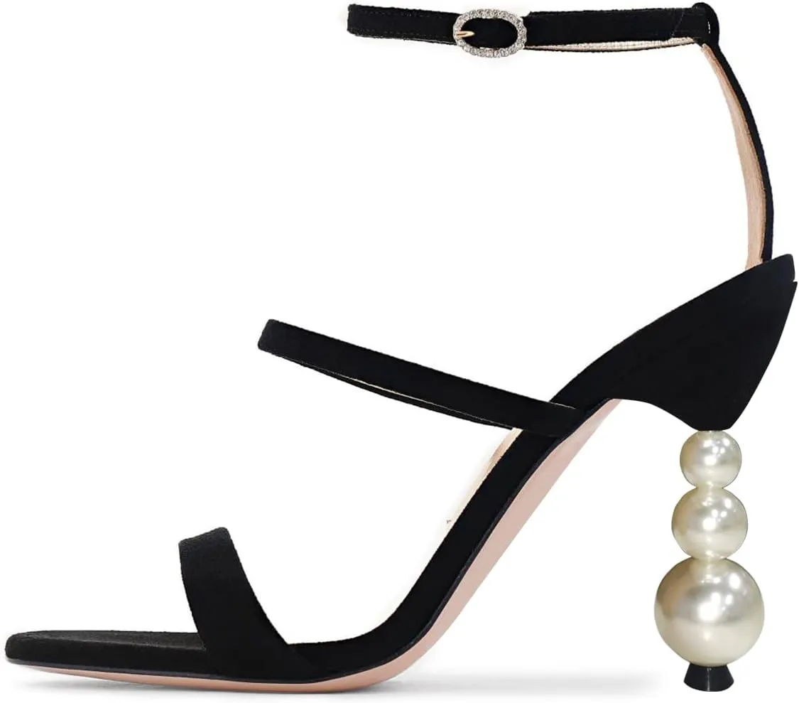 FSJ Women Elegant Open Toe Heeled Sandals Pearls Beaded High Heels Sexy Strappy Gladiator Shiny Rhinestone Ankle Strap Wedding Evening Party Dress Shoes Size 4-15 US