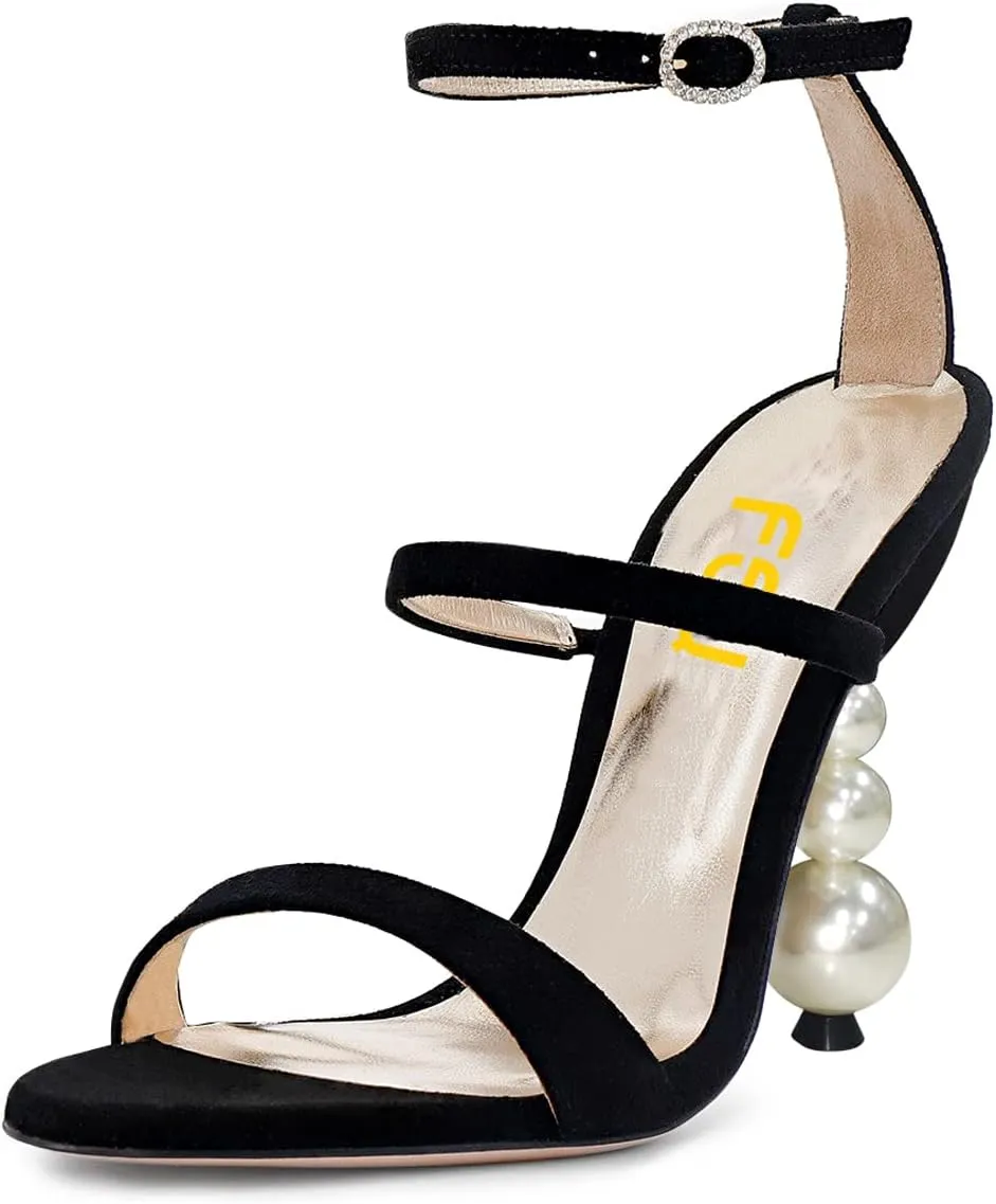 FSJ Women Elegant Open Toe Heeled Sandals Pearls Beaded High Heels Sexy Strappy Gladiator Shiny Rhinestone Ankle Strap Wedding Evening Party Dress Shoes Size 4-15 US