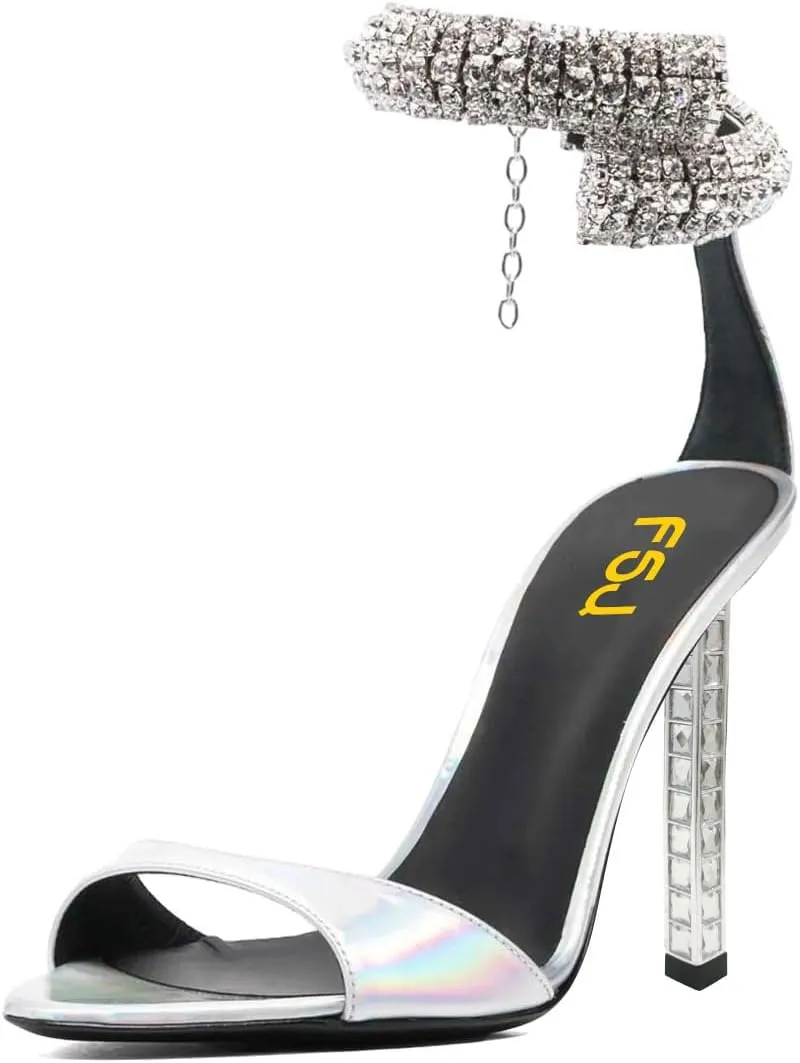 FSJ Women High Heels Shiny Crystal Ankle Strap Sandals Open Toe Sparkly Prom Evening Formal Dressy Wedding Shoes Size 4-15 US