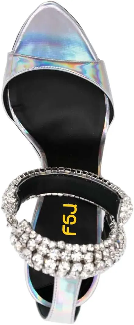 FSJ Women High Heels Shiny Crystal Ankle Strap Sandals Open Toe Sparkly Prom Evening Formal Dressy Wedding Shoes Size 4-15 US