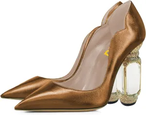 FSJ Women Pointed Toe Crystal High Heel Pumps Comfort Slip On Chunky Block Heel Bridal Wedding Evening Party Prom Dress Shoes Size 4-15 US
