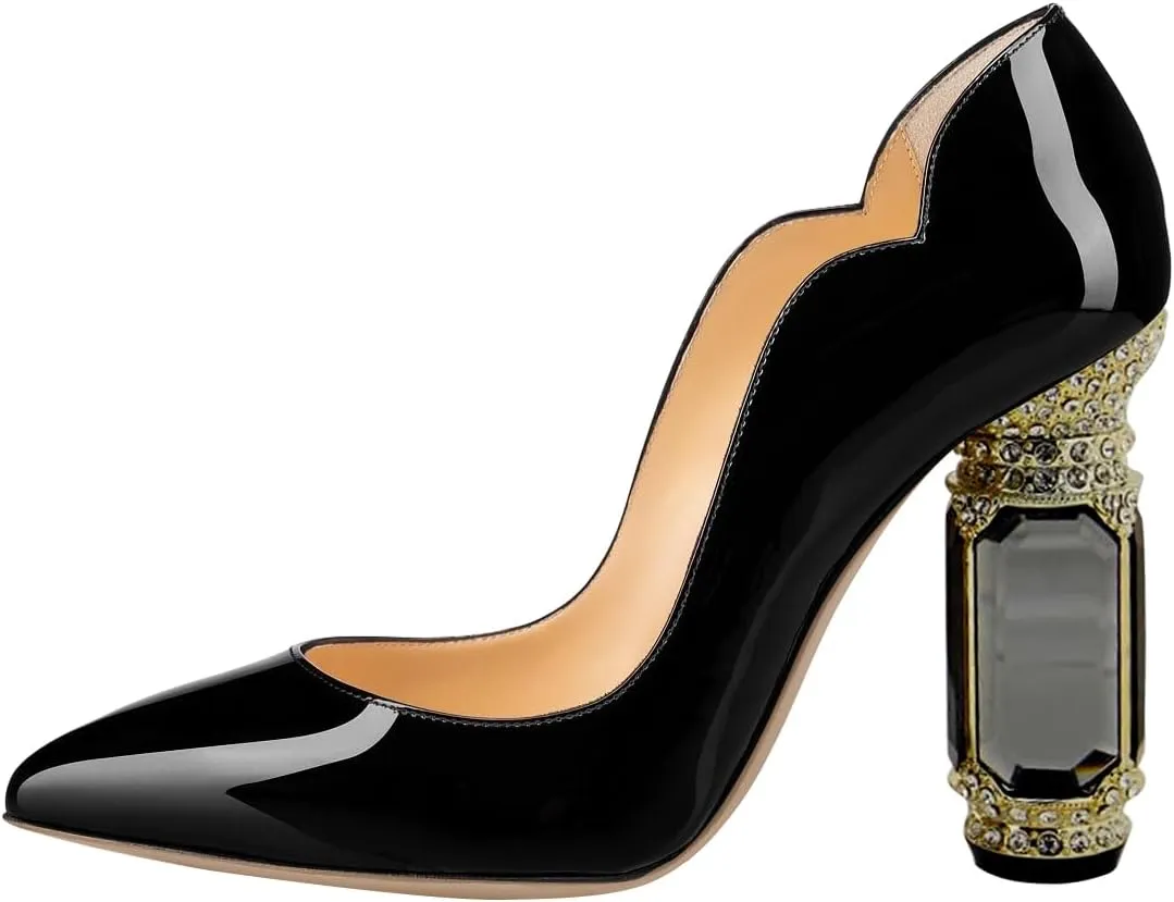 FSJ Women Pointed Toe Crystal High Heel Pumps Comfort Slip On Chunky Block Heel Bridal Wedding Evening Party Prom Dress Shoes Size 4-15 US