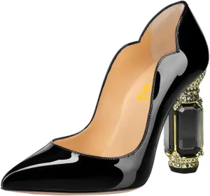 FSJ Women Pointed Toe Crystal High Heel Pumps Comfort Slip On Chunky Block Heel Bridal Wedding Evening Party Prom Dress Shoes Size 4-15 US