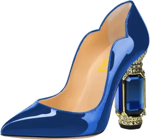 FSJ Women Pointed Toe Crystal High Heel Pumps Comfort Slip On Chunky Block Heel Bridal Wedding Evening Party Prom Dress Shoes Size 4-15 US