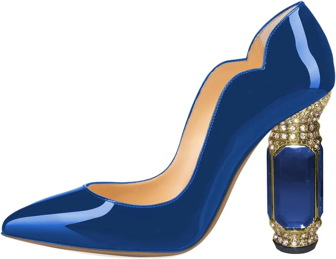 FSJ Women Pointed Toe Crystal High Heel Pumps Comfort Slip On Chunky Block Heel Bridal Wedding Evening Party Prom Dress Shoes Size 4-15 US