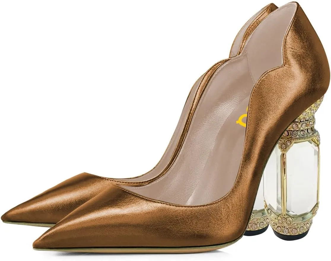 FSJ Women Pointed Toe Crystal High Heel Pumps Comfort Slip On Chunky Block Heel Bridal Wedding Evening Party Prom Dress Shoes Size 4-15 US