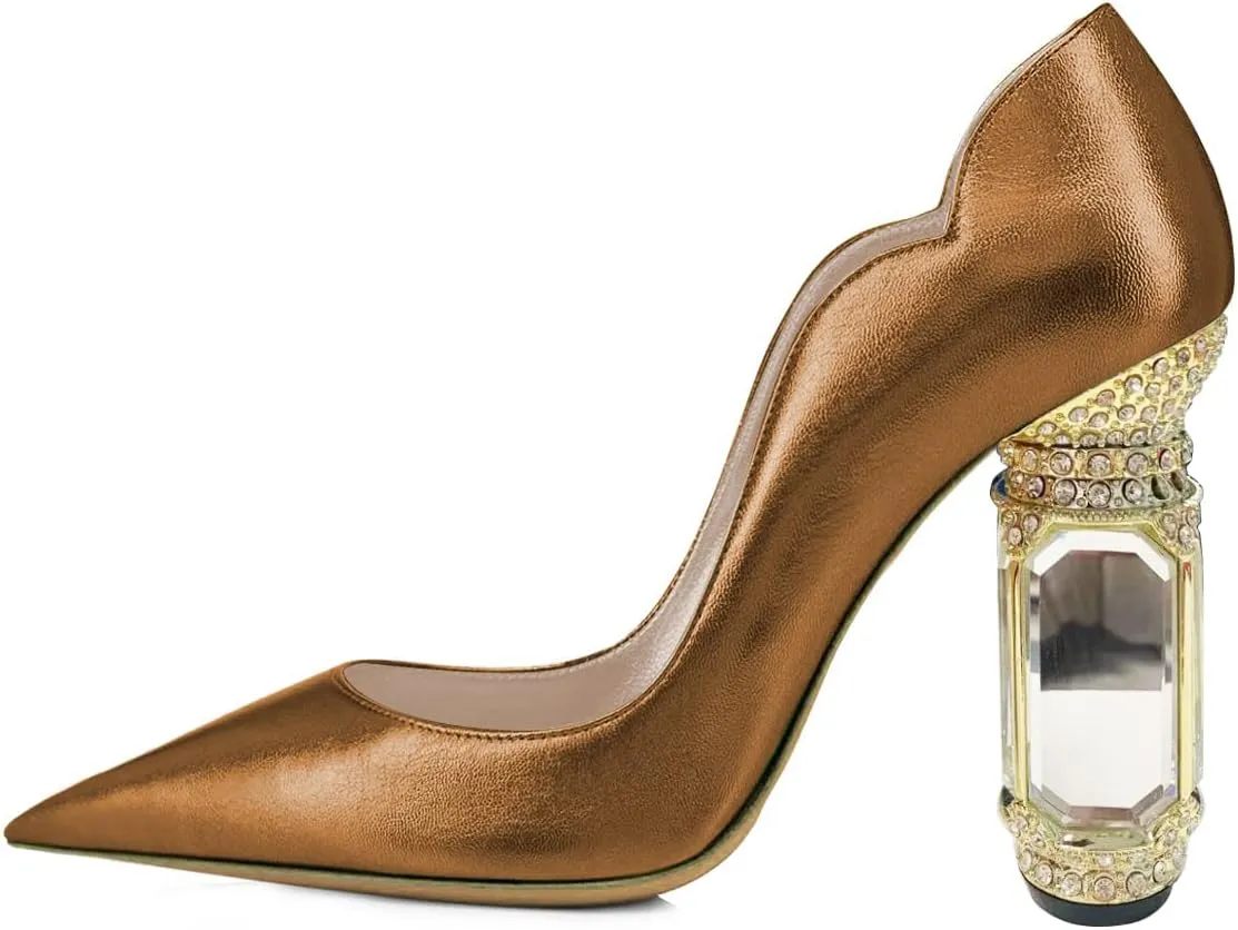 FSJ Women Pointed Toe Crystal High Heel Pumps Comfort Slip On Chunky Block Heel Bridal Wedding Evening Party Prom Dress Shoes Size 4-15 US